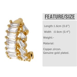 Detail view of gold-plated ear cuff with sparkling baguette-cut cubic zirconia stones