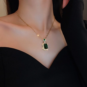 Vintage emerald square pendant necklace with diamond border on gold chain for women