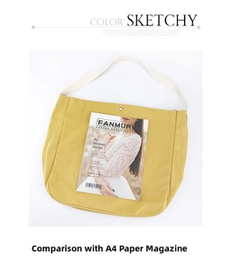Detail of a bright yellow canvas tote bag with snap button and white strap next to a magazine
