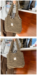 Detailed close-up of soft yellow and black striped faux fur texture with a brand label