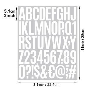 Detailed dimension guide for 2 inch white alphabet stickers and numbers for DIY journals