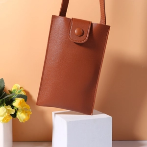 Brown lychee grain PU leather mini crossbody phone bag with snap closure and thin strap