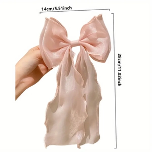Pink oversized ribbon bow hair clip in sheer silk fabric with detailed size measurements