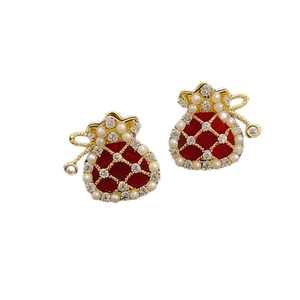 Gold-plated lucky bag pearl earrings with red enamel and sparkling zircons