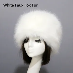 White faux fox fur Russian hat with thick fluffy texture for winter warmth