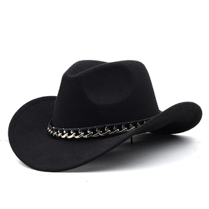 Detailed side view of black wool felt cowboy hat with decorative silver metal chain link