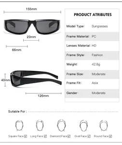 Detailed size chart for sports sunglasses showing frame width and lens dimensions