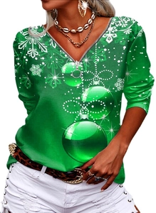 Damen Langarm-T-Shirt zu Weihnachten in Grün mit V-Ausschnitt-Reißverschluss und Motiven