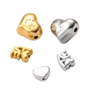 Baroque style 3D heart and LOVE metal spacer beads in gold and silver stainless steel