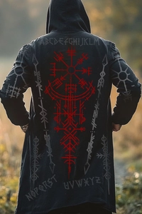 Detailed view of Viking rune print on back of men's long black hooded sweatshirt