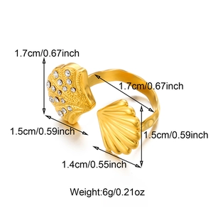 Gold stainless steel shell ring with crystals and precise size measurements shown
