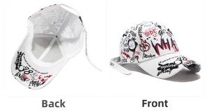 Front and back detail of white graffiti baseball cap with 100% cotton wash label