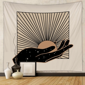 Detail view of Japanese vintage wall tapestry with celestial hand and sun pattern