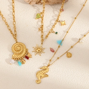 Gold ocean style necklace set with sea shell, seahorse and cactus pendants for women