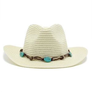 Chapeau de paille de cowboy occidental avec bandeau bohème perlé et décoration coquille