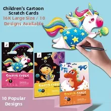 Close-up of kids scratch art set with unicorn designs and 16K large size paper
