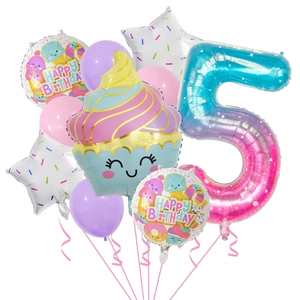 Detailed set of 5th birthday balloons with a cupcake and colorful stars for party decor