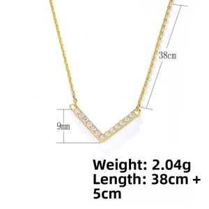 Detailed view of gold V-shaped pendant necklace with cubic zirconia and size dimensions