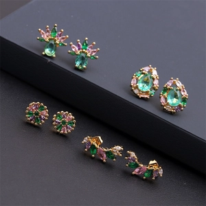 Set of four geometric 18K gold plated copper earrings with colorful cubic zirconia