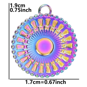 Macro view of a 1.7cm round rainbow-plated stainless steel pendant with radial texture
