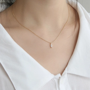 French style S925 silver marquise zircon necklace on model with golden chain