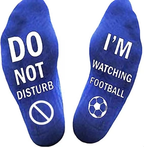 Blue cotton football socks featuring Do Not Disturb Watching Football text on the soles