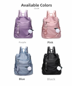 Women's nylon backpack color options including purple, pink, blue, and black versions
