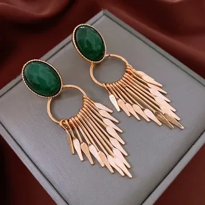Vintage Court Style Tassel Drop Earrings Alloy Resin Green Faux Stone With Silver Earring Post Baroque Fashion For Women