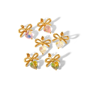 Set of 18k gold plated bow and heart crystal stud earrings in pink and green