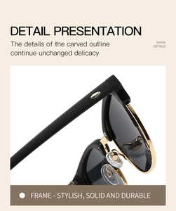 Detail of polarized sunglasses showing sturdy gold hinges and metal stud accents