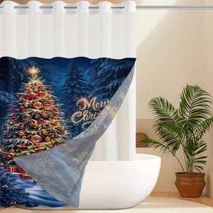 Detail view of a double-layer Christmas shower curtain with tree pattern and metal eyelets