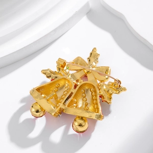 Mode Weihnachtsglocken-Brosche mit roter Schleife und Stechpalmenblatt in Gold