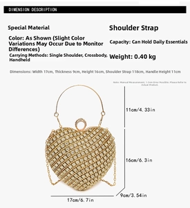 Detail view of gold heart rhinestone evening bag with dimensions 17x9x16 cm and chain strap