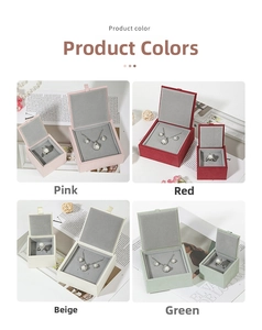 Selection of velvet jewelry boxes for rings and necklaces in pink, red, beige, and green