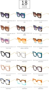 Grid display of eighteen stylish square frame sunglasses and clear lens eyewear options