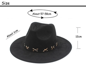 Classic black wide-brim fedora hat with dimensions: 8cm brim, 12cm crown, 57-58cm head size