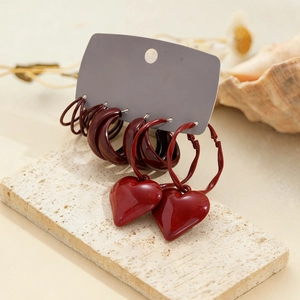 6-piece vintage dark red enamel geometric earrings set with C-shape hoops and hearts