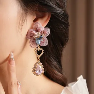 Vintage asymmetric pink flower earrings with heart zircon and drop gemstone pendants