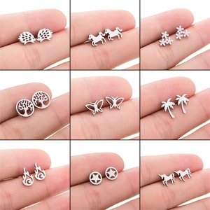 Hedgehog Unicorn Butterfly Coconut Tree Stainless Steel Stud Earrings For Women Cute Animal Retro Fashion Tiny Jewelry
