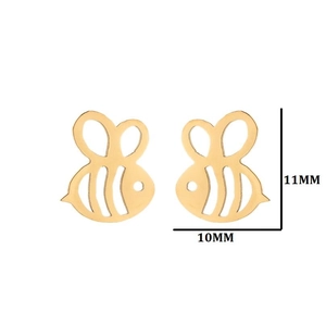 Golden stainless steel bee stud earrings with hollow design, size 11mm by 10mm