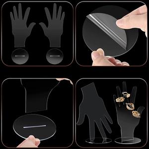 Macro detail of acrylic hand jewelry stand showing easy installation and protective film