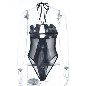 Detail view of the black mesh bodysuit featuring a sexy halter neck and open back design