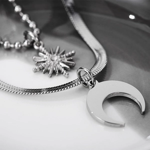Minimalist double layer sun and moon star necklace with snake chain in silver steel