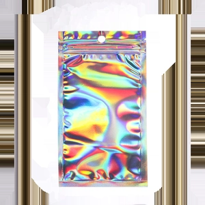 Macro detail of holographic laser resealable bag with rainbow sheen and hanging hole