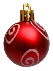 Close-up of red Christmas ball ornament with pink glitter swirls and gold metallic cap