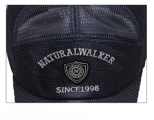 Close-up of deep blue breathable mesh baseball cap with detailed embroidery and stitching