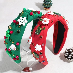 Christmas knotted headband with rhinestones, snowmen and Christmas tree hair accessories.