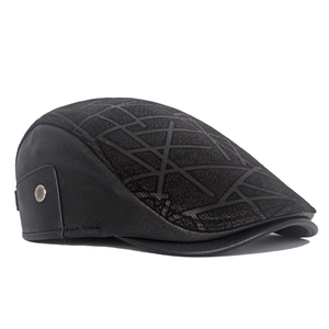 Mens vintage flat cap in black leather and grey textured fabric patchwork design