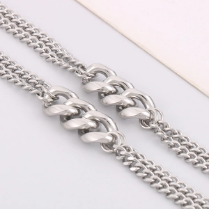 Silver cuban link necklace for men made of polished stainless steel in a layered style