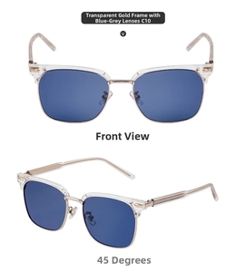 Close-up of semi-rimless polarized sunglasses with transparent gold frames and blue-gray lenses